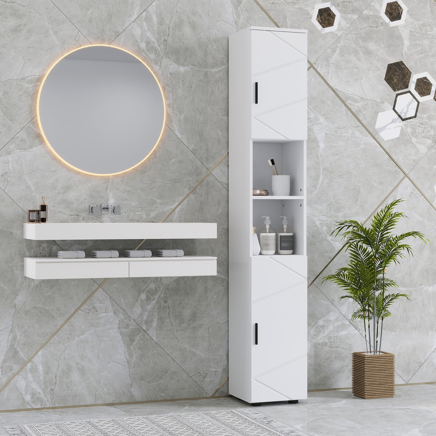 Domifa Tall Bathroom Storage Cabinet With Line Embossed Front And Adjustable Shelves White