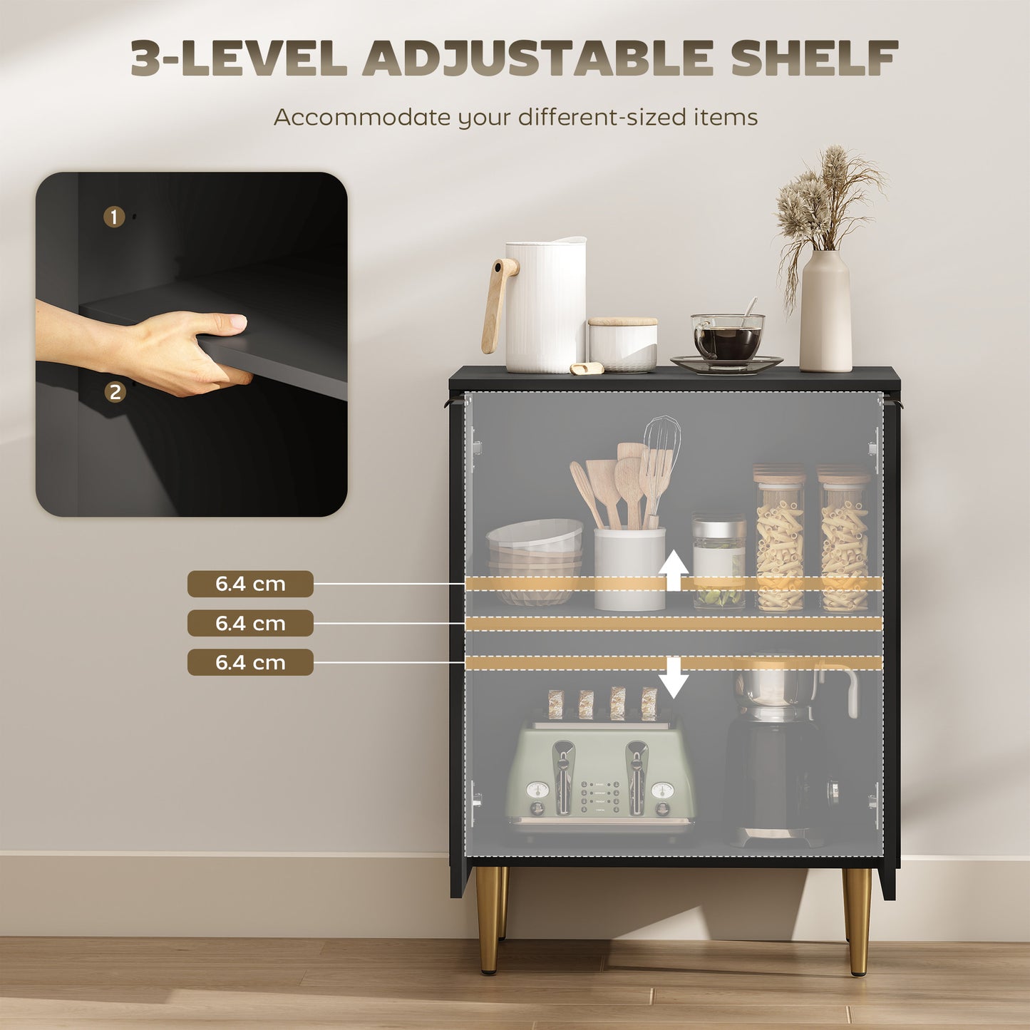 Sutto Black Etched Sideboard 2 Ribbed Doors Gold Accents