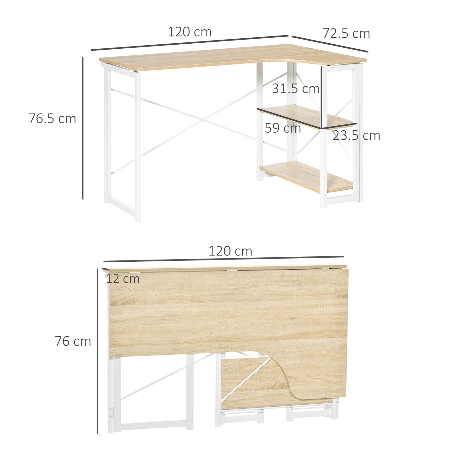 Haba 120cm Wooden Oak and White Metal Folding L Shaped Desk With 2 Tier Storage Shelves