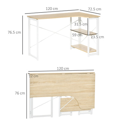 Haba 120cm Wooden Oak and White Metal Folding L Shaped Desk With 2 Tier Storage Shelves
