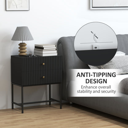 Nafico Black and Gold Elegant 2 Drawer Ribbed  Bedside Table