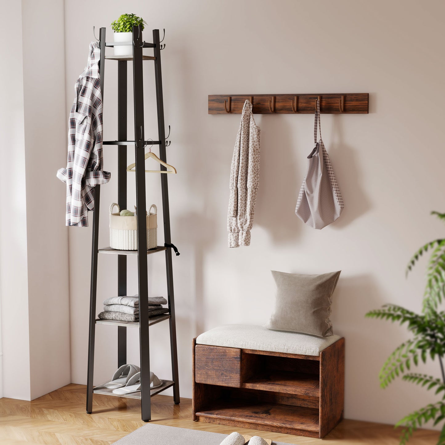 Savapa Metal And Wood Grey And Black 4 Tier Industrial Coat Stand With Shelves