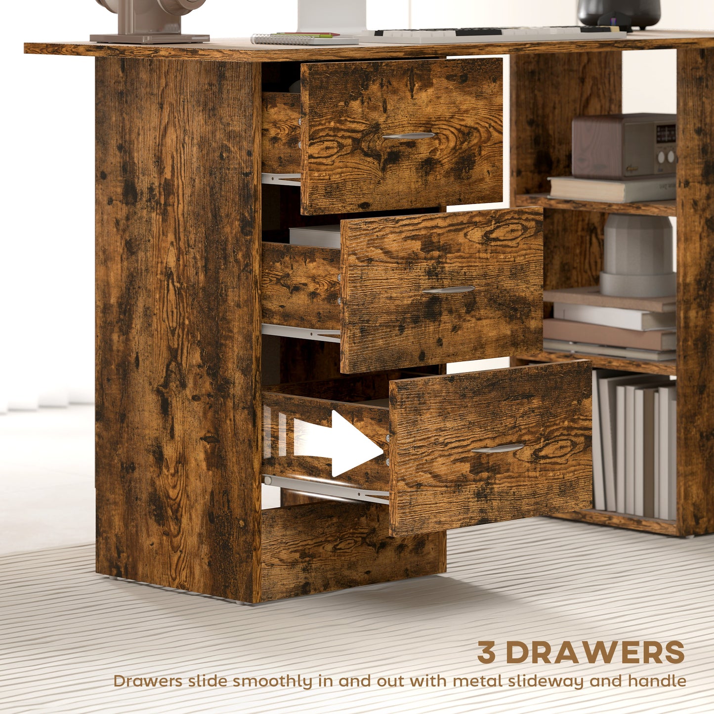 Lomoto 120cm Rustic Brown Home Office Desk With 3 Shelves And 3 Drawers