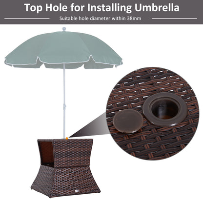 Lekavi Rattan Brown Outdoor Coffee Table With Umbrella Open And Shelf