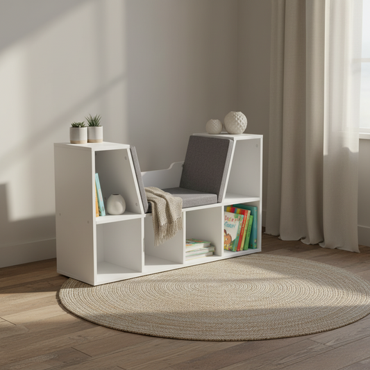Vezito Wood White Cube Bookcase With Cushioned Seat