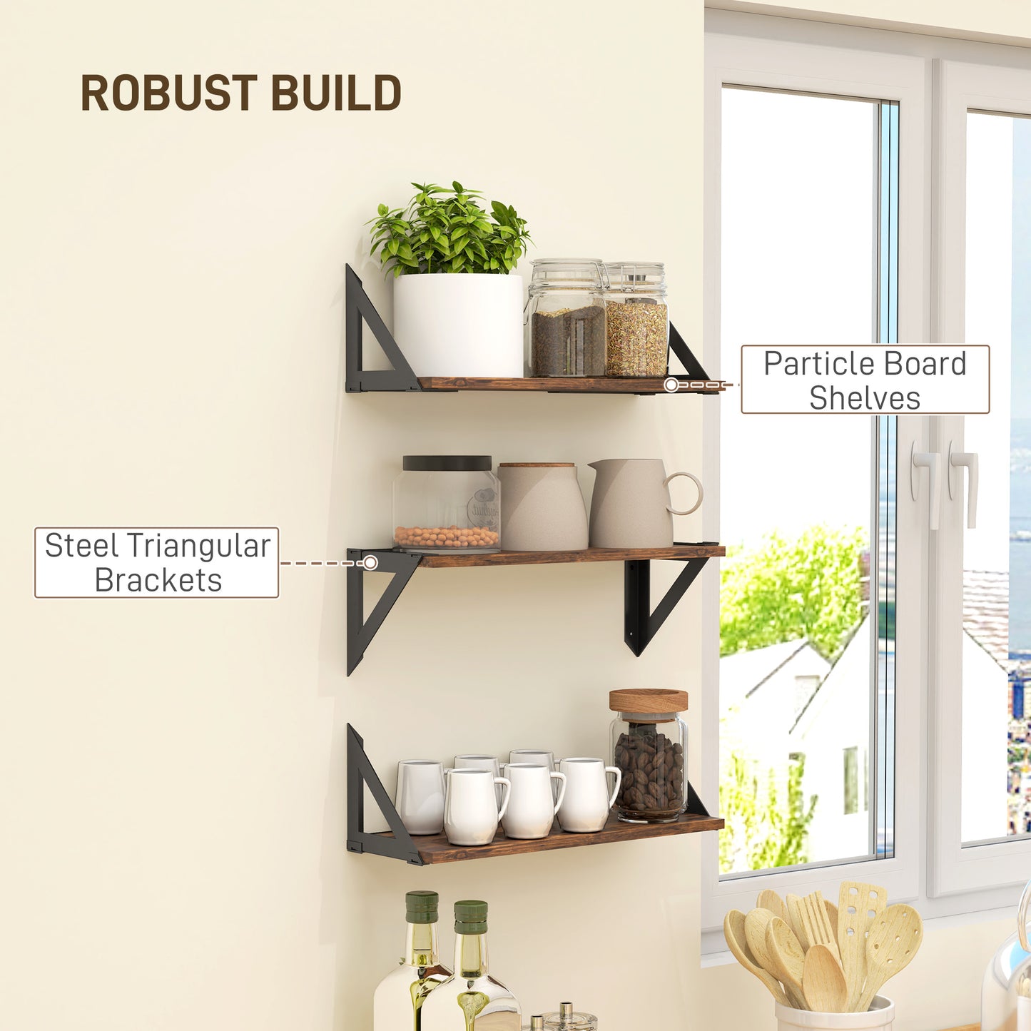 Filozi Wood Rustic Brown Set Of 3 Vintage Style Wall Mounted Shelves 43 cm
