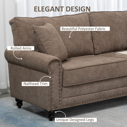 Soleka Fabric Brown 3 Seater Sofa With Rubberwood Legs Nail Head Trim And 2 Cushions