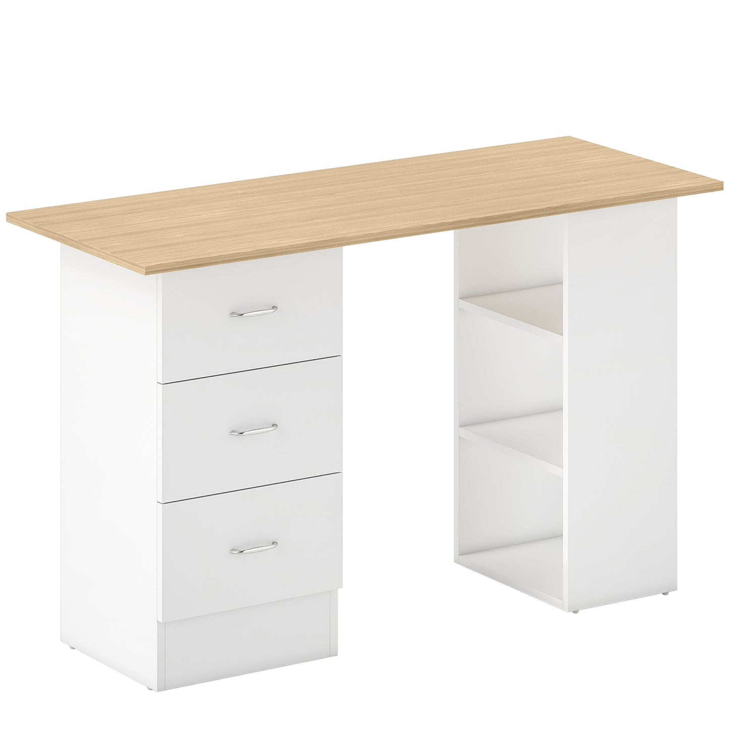 Vasave 120cm Wooden Natural And White Study Desk With 3 Side Shelves And 3 Drawers