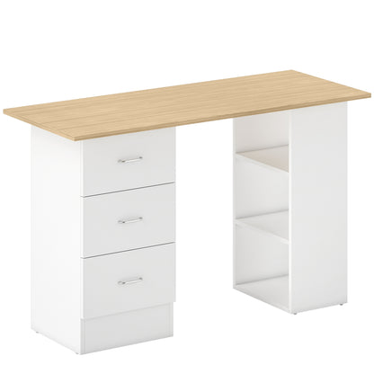 Vasave 120cm Wooden Natural And White Study Desk With 3 Side Shelves And 3 Drawers