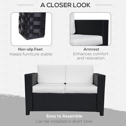 Toha Rattan Black 2 Seater Outdoor Sofa With White Cushions