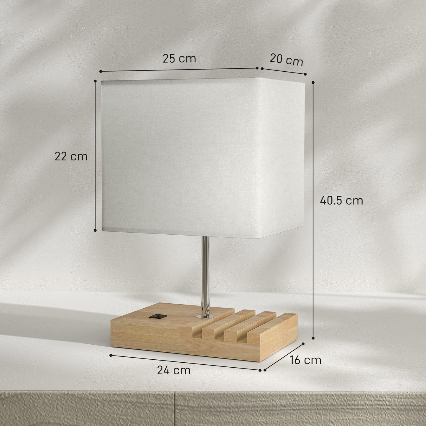 Hael Wood And Fabric White Bedside Table Lamp With USB Charging Ports Phone Stands And Fabric Shade