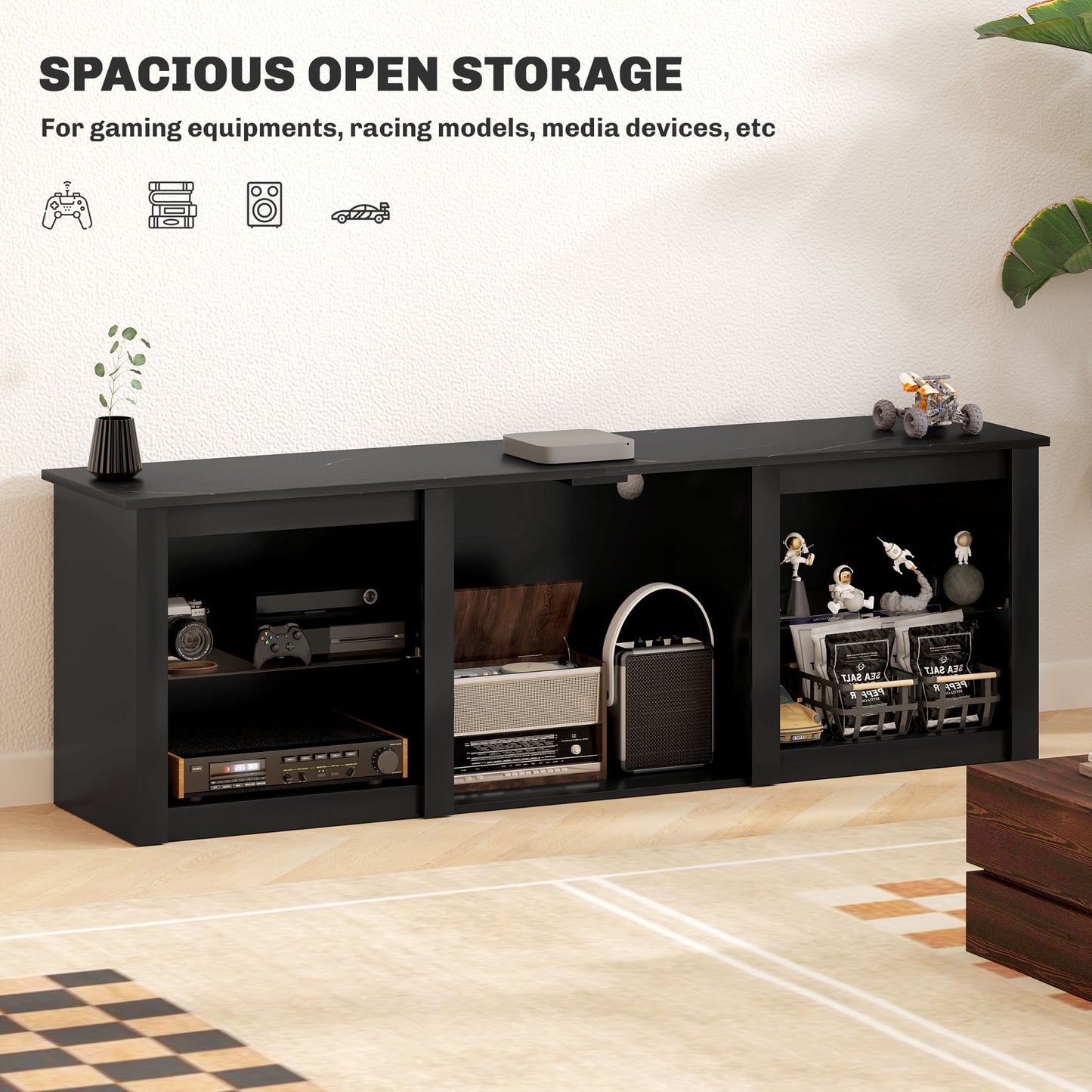 Filu Nara 160cm Wooden Black TV Stand With LED Lighting And Storage For 65 Inch Screens