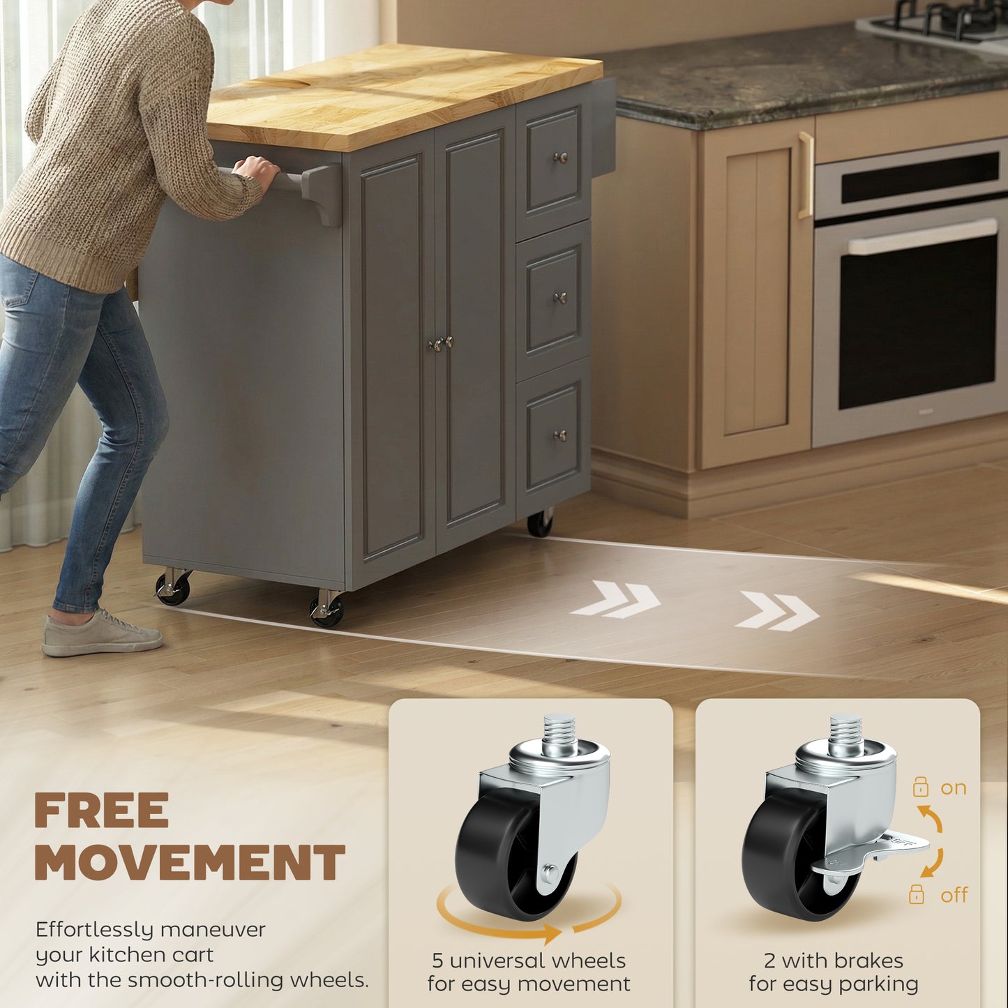 Norado Grey and Natural Wooden Rolling Kitchen Island With Drop Leaf Drawer Towel And Spice Racks