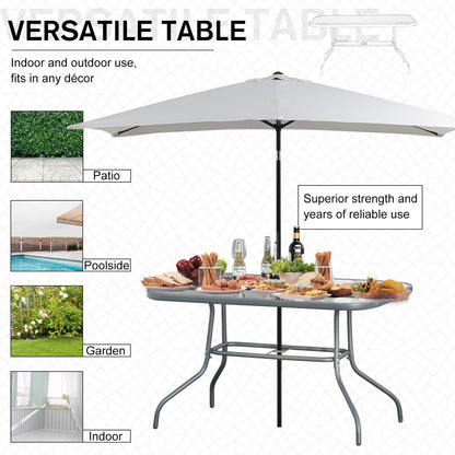 Lemone 140cm Metal Grey Rectangular Garden Dining Table With Glass Top And Parasol Hole