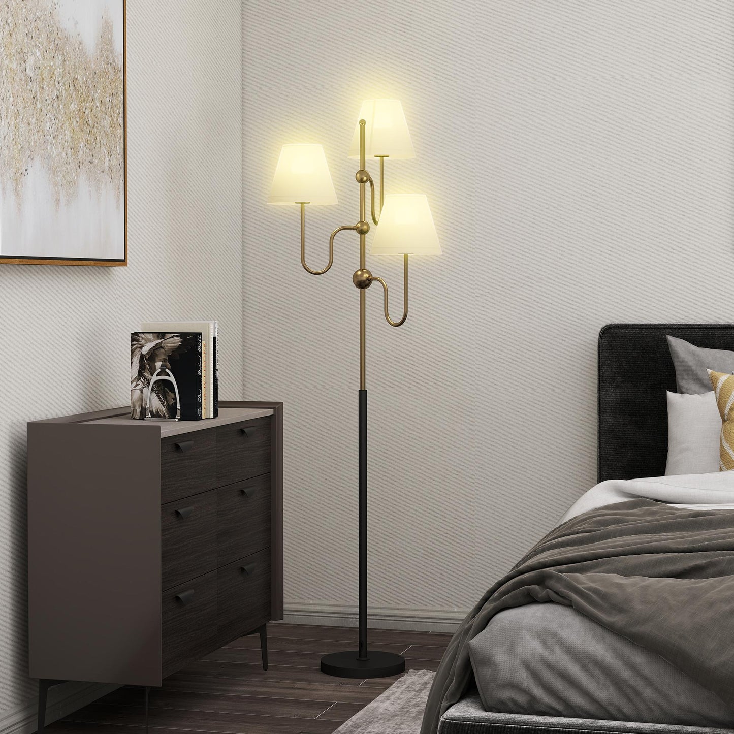 Tora Metal Black Tall Floor Lamp With 3 Lights And Foot Switch E27 Fitting