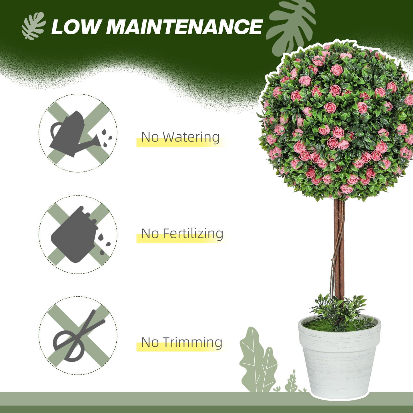 Roviyo Set Of 2 Artificial Rose Flower Topiary Ball Trees In Pots H8 60cm Pink