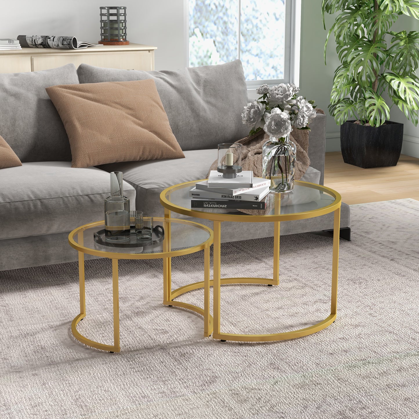 Sosuba Metal And Glass Gold Tone Set Of 2 Modern Nesting Coffee Tables