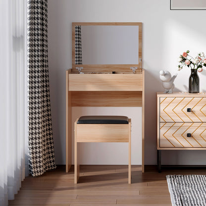 Nolena Natural Wood Vanity Desk With Flip Mirror Cushioned Stool And Storage