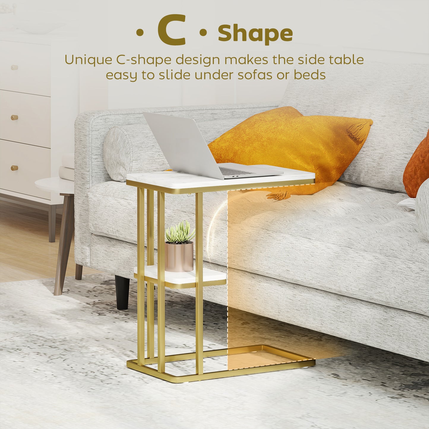 Neso Metal And Wooden White Marble Grain Slim C Shaped Side Table With 2 Tier Storage