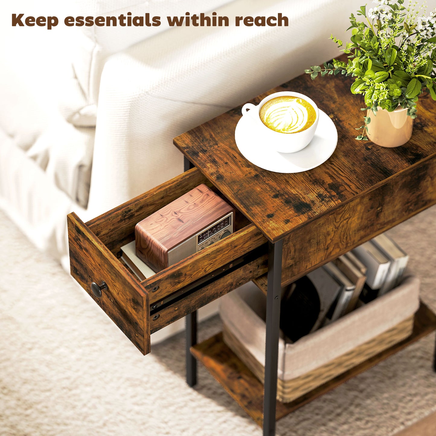 Matone Wooden Rustic Brown Narrow Side Table With Drawer And Lower Shelf