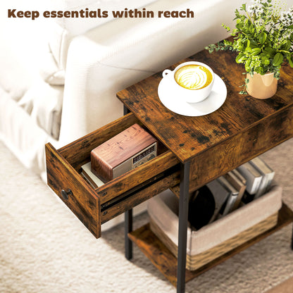 Matone Wooden Rustic Brown Narrow Side Table With Drawer And Lower Shelf