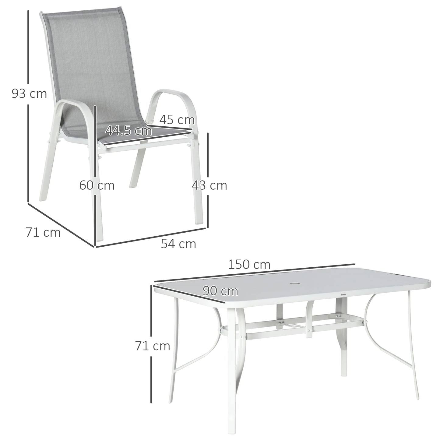 Niseso 6 Seater with White Metal and Light Grey Mesh Outdoor Dining Set
