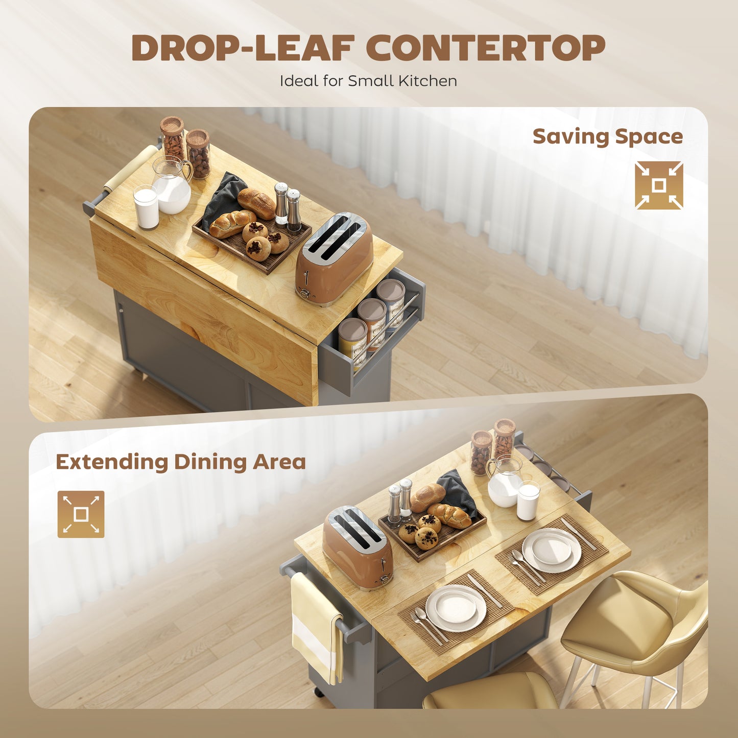 Norado Grey and Natural Wooden Rolling Kitchen Island With Drop Leaf Drawer Towel And Spice Racks