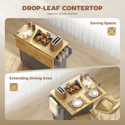 Norado Grey and Natural Wooden Rolling Kitchen Island With Drop Leaf Drawer Towel And Spice Racks