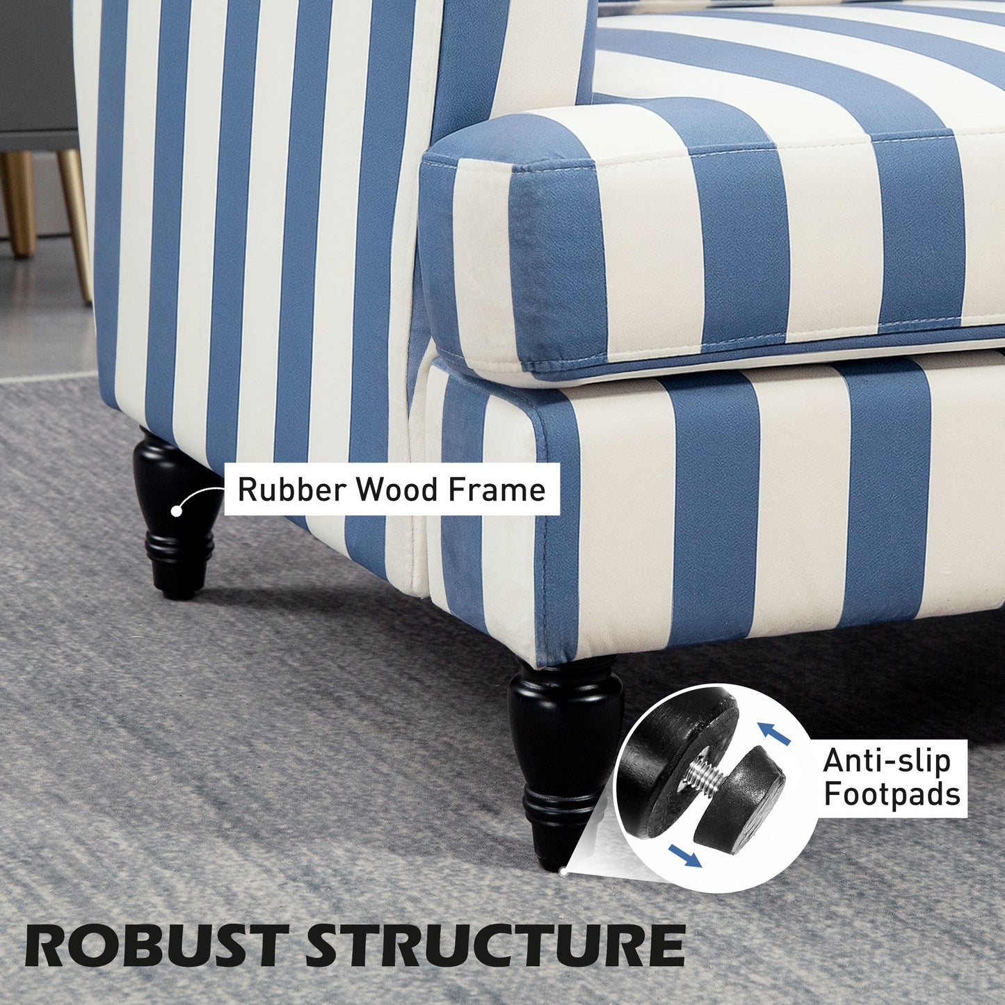 Yosefi Blue And White Velvet Cuddle Accent Sofa Stripe Design