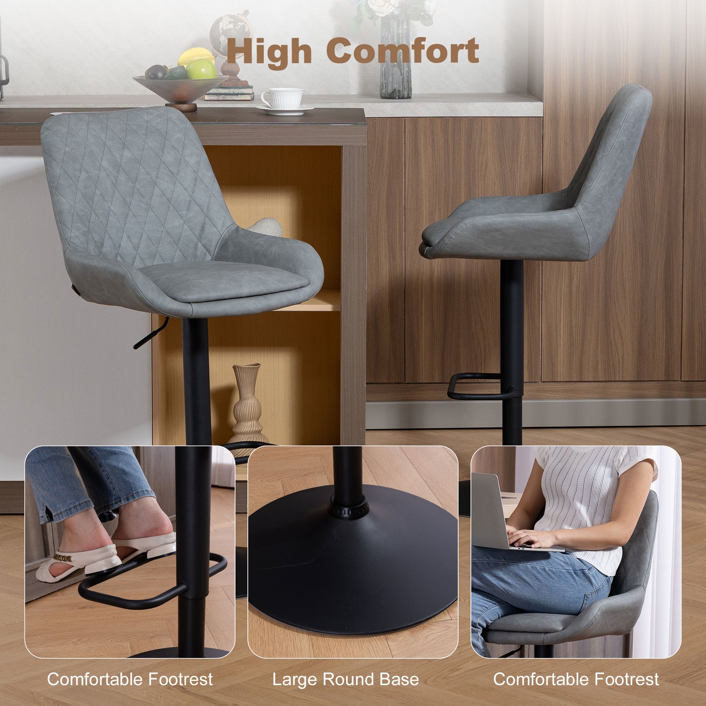 Taraneno Set Of 2 Light Grey Faux Leather Retro Bar Chairs
