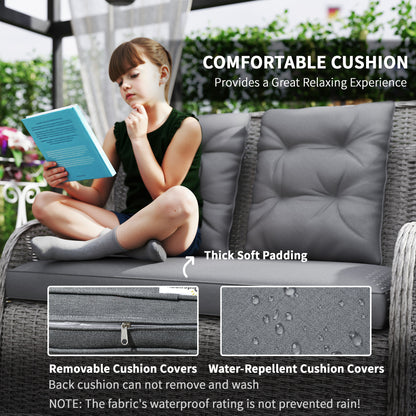 Fano Faux Rattan Grey 4 Seater Outdoor Dining Sofa Set With High Back Chairs And Glass Table