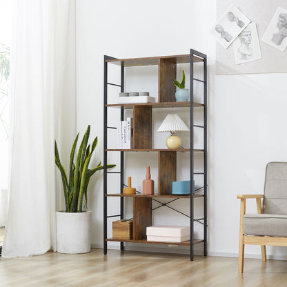Nofa Luno Metal And Wood Rustic Brown And Black 5 Tier Industrial OFauxn Shelf Bookcase