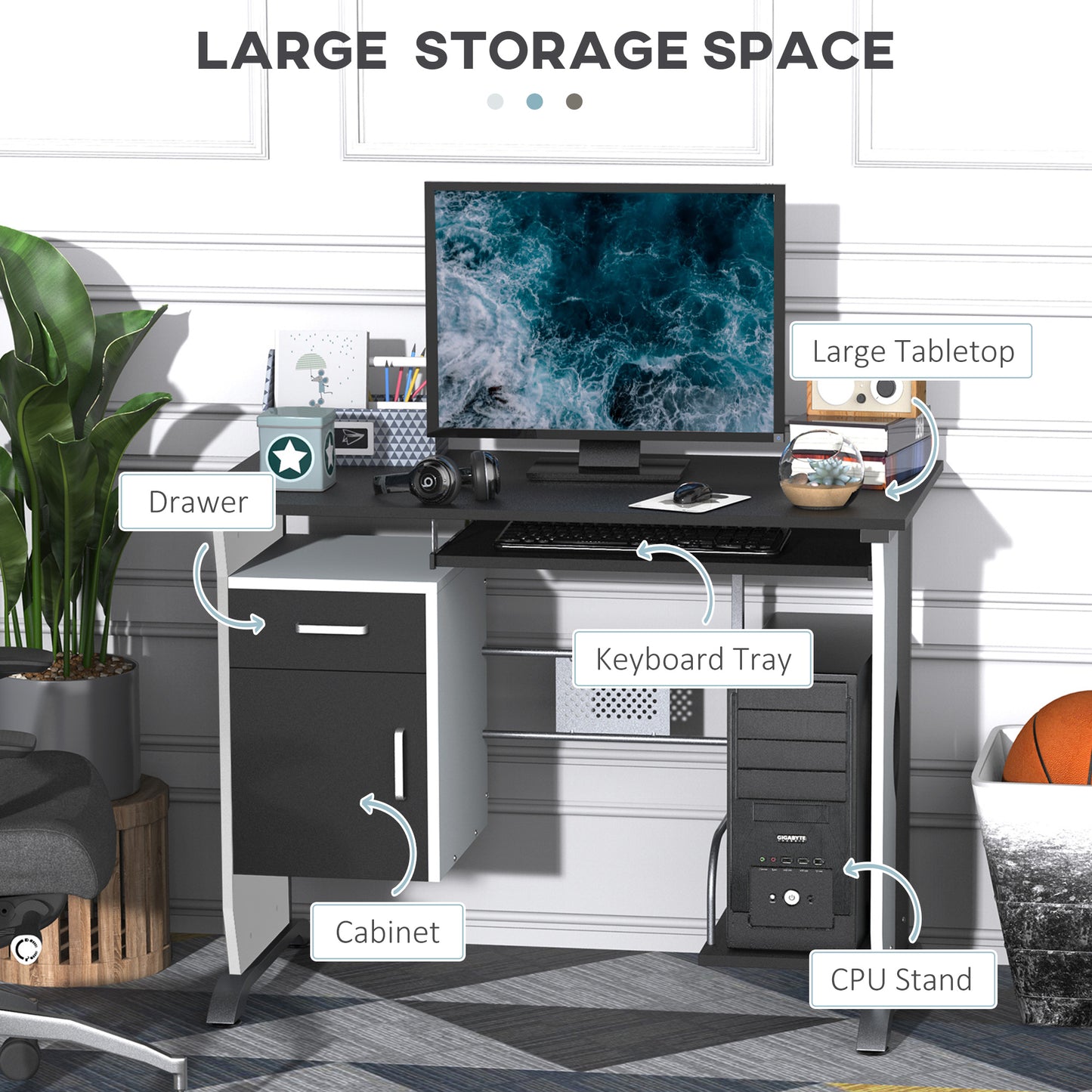 Tafi 100cm Wooden Black Home Office Desk With Keyboard Tray Drawers And Storage Shelves