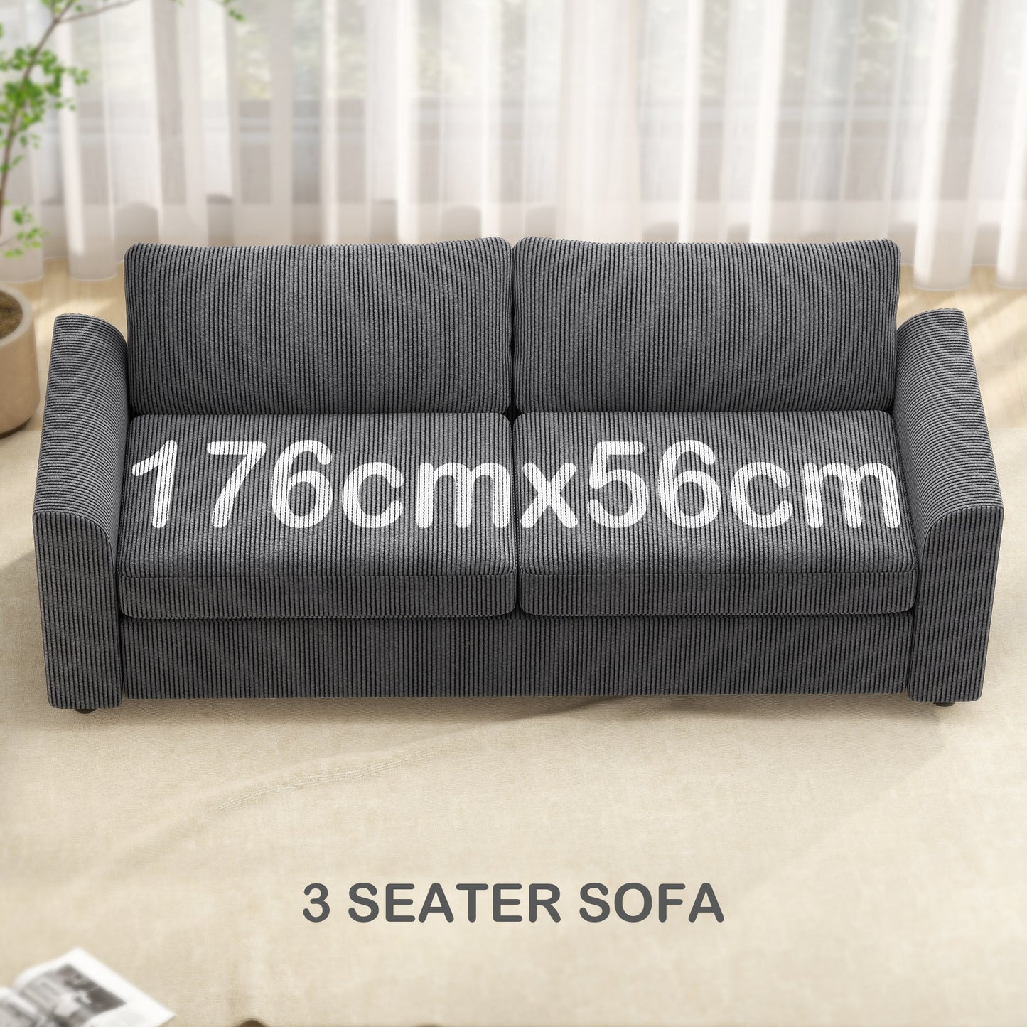 Mimi Corduroy Grey 3 Seater Jumbo Sofa With Scatter Cushions
