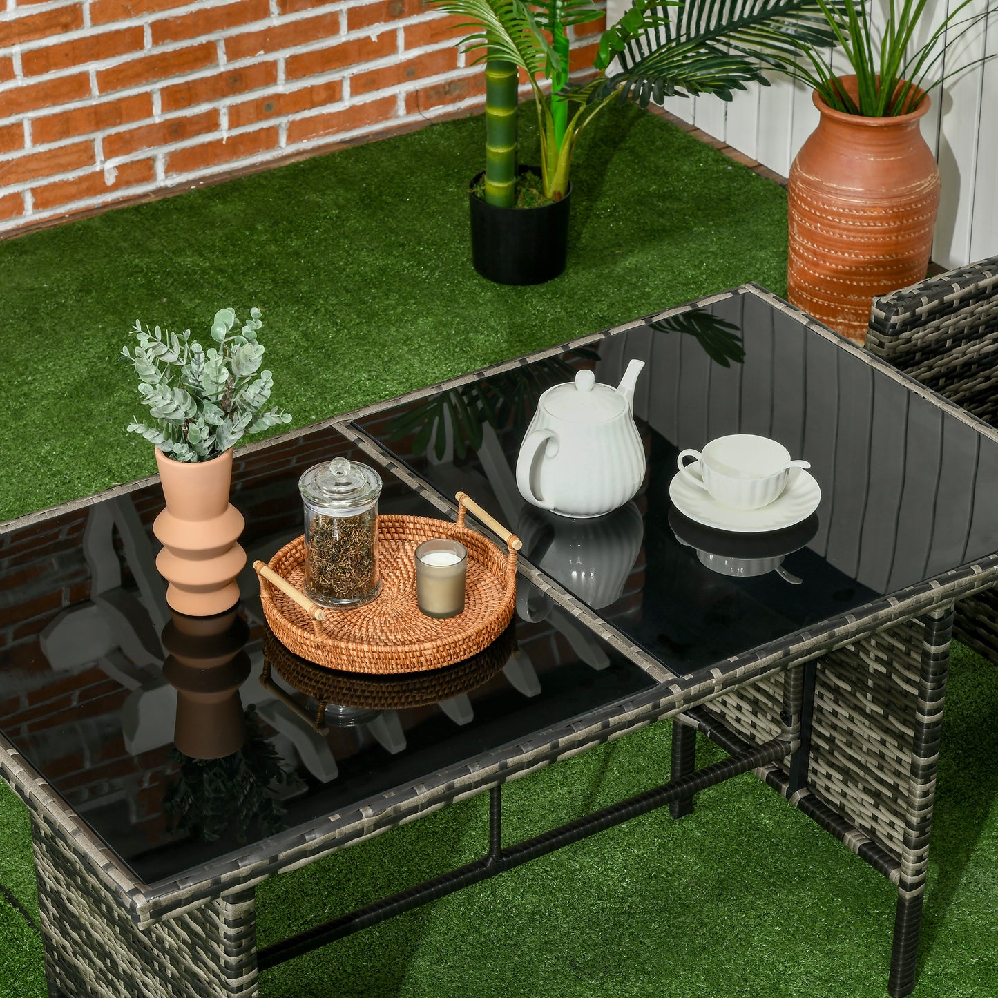 Lolu 7 Seater Grey Rattan Garden Sofa Set With Cushions And Glass Table