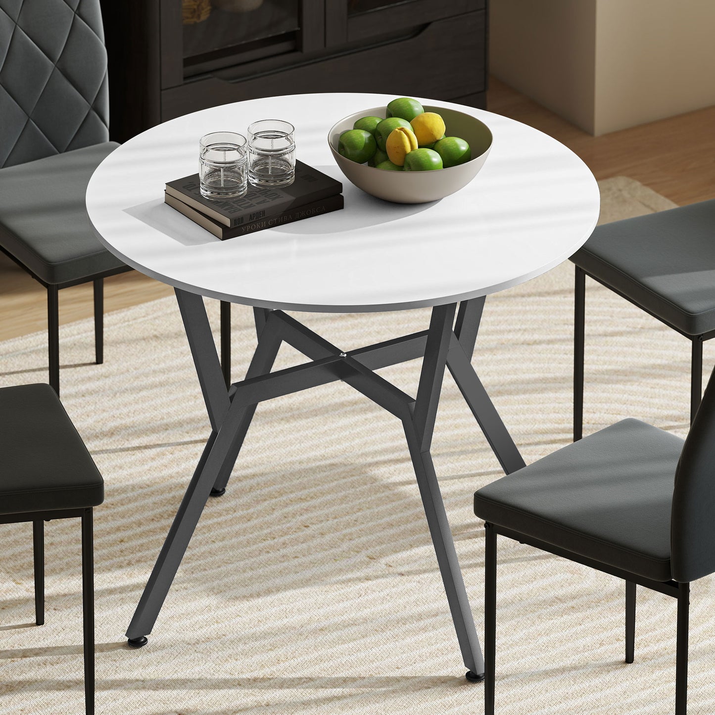 Terretti High Gloss White Round Dining Table With Black Metal Legs 90cm
