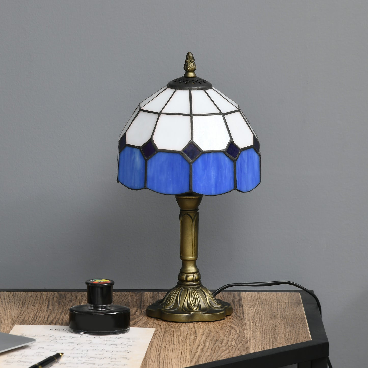 Lonema Glass And Metal White And Blue Art Deco Style Table Lamp