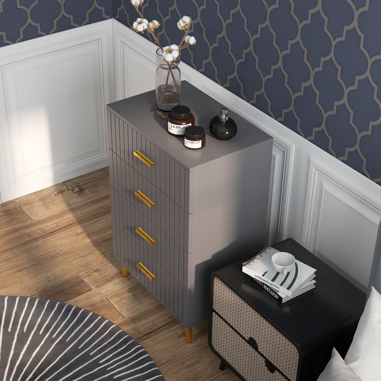 Zine Wooden Grey And Gold Tone 4 Drawer Embossed Dresser