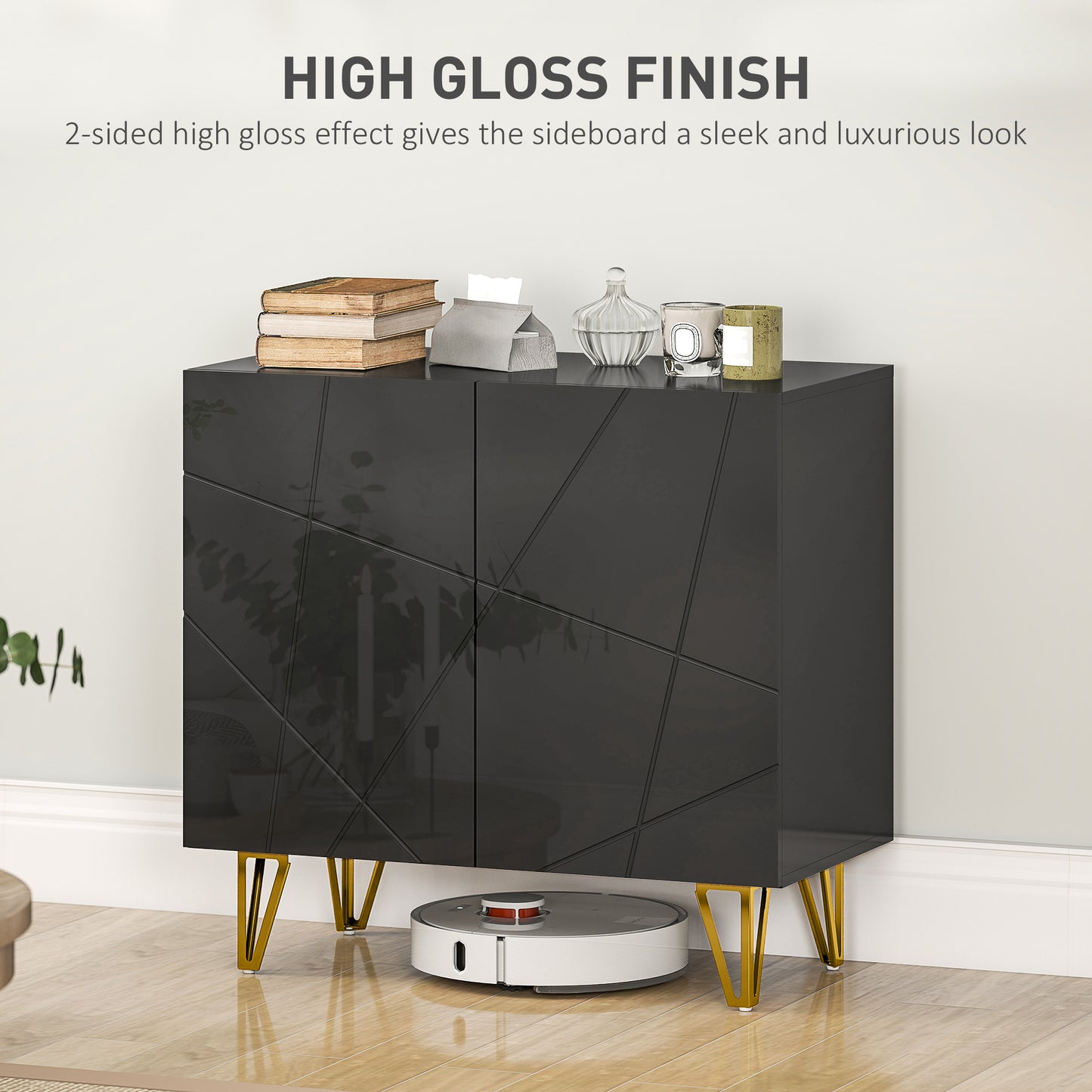 Diro High Gloss Black Geometric Pattern Sideboard With Gold Hairpin Legs