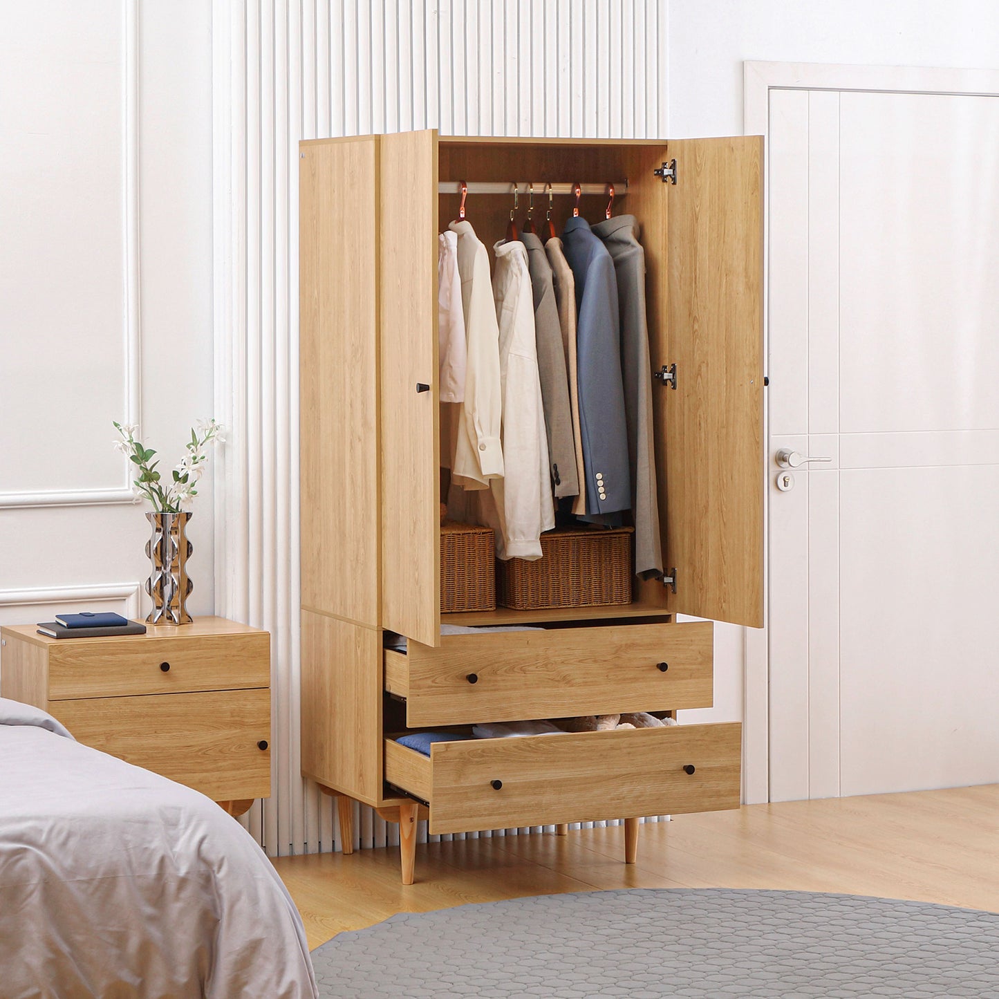 Coramar Natural Wood 2 Door Wardrobe With Hanging Rail And 2 Drawers