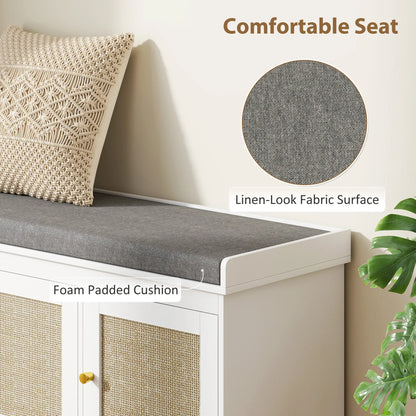 Wooden White Shoe Bench With 3 Woven Rattan Doors And Grey Padded Seat