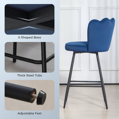 Yovafi Set Of 2 Dark Blue Velvet Upholstered Lotus Style Bar Stools