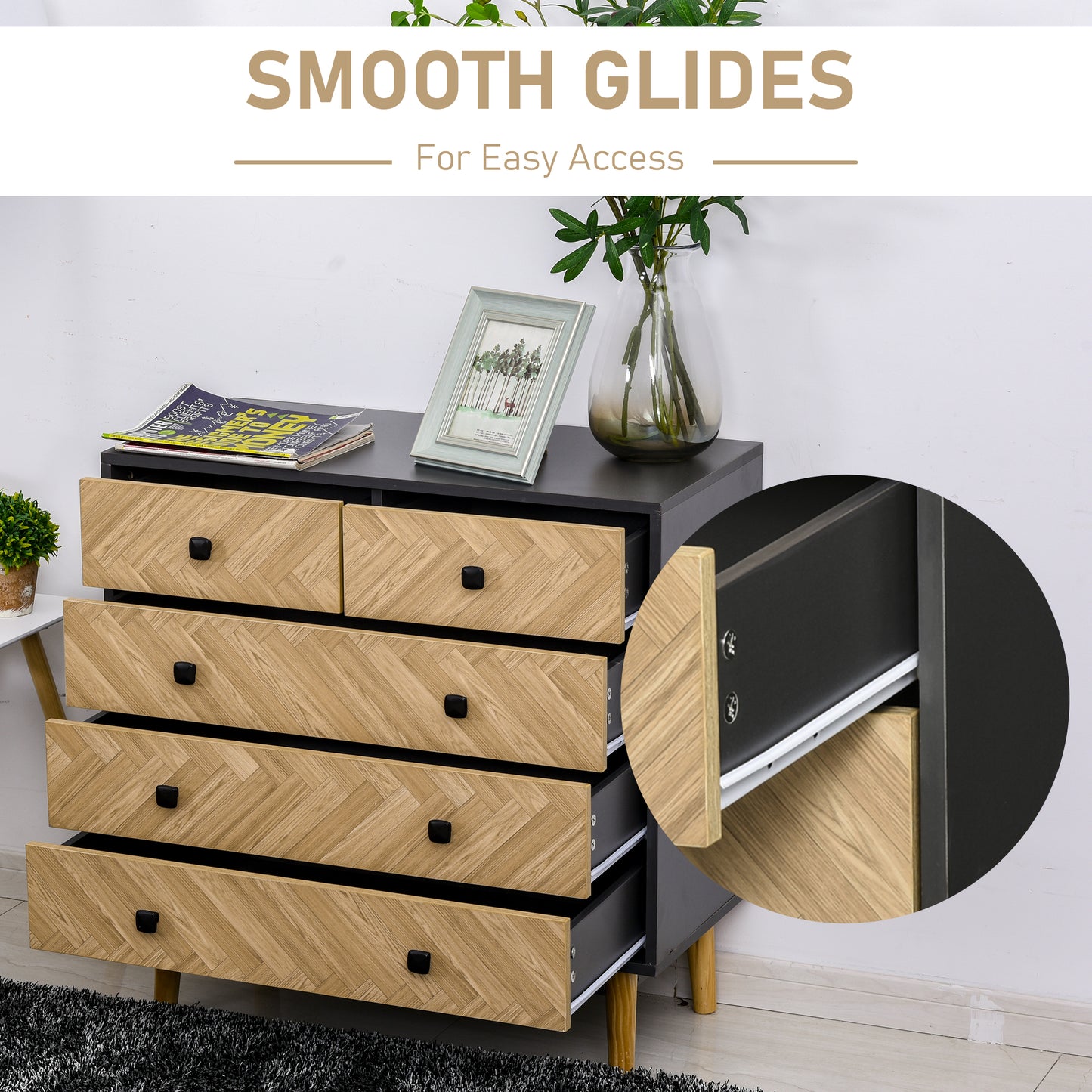 Lini Wooden Black and Natural Chevron 5 Drawer Dresser