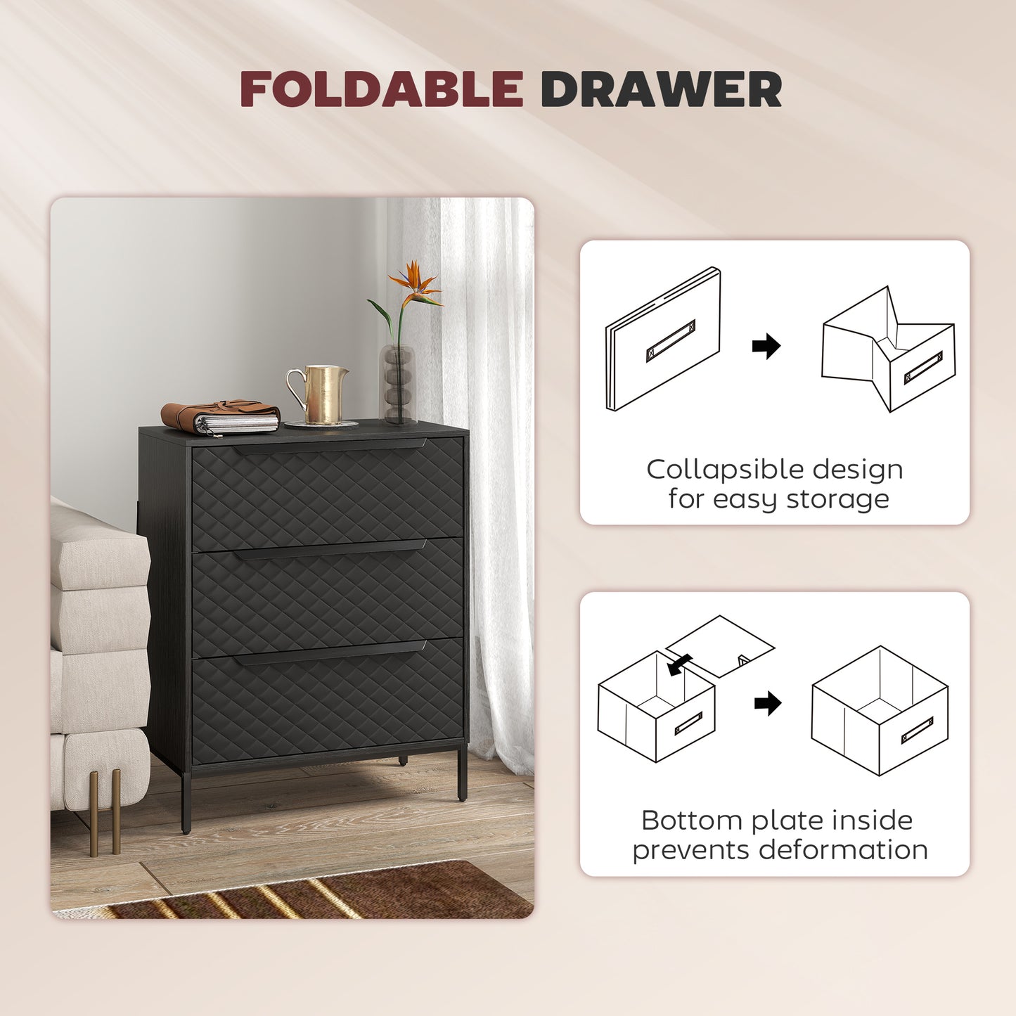 Salimo Metal Black 3 Fabric Drawer Storage Dresser