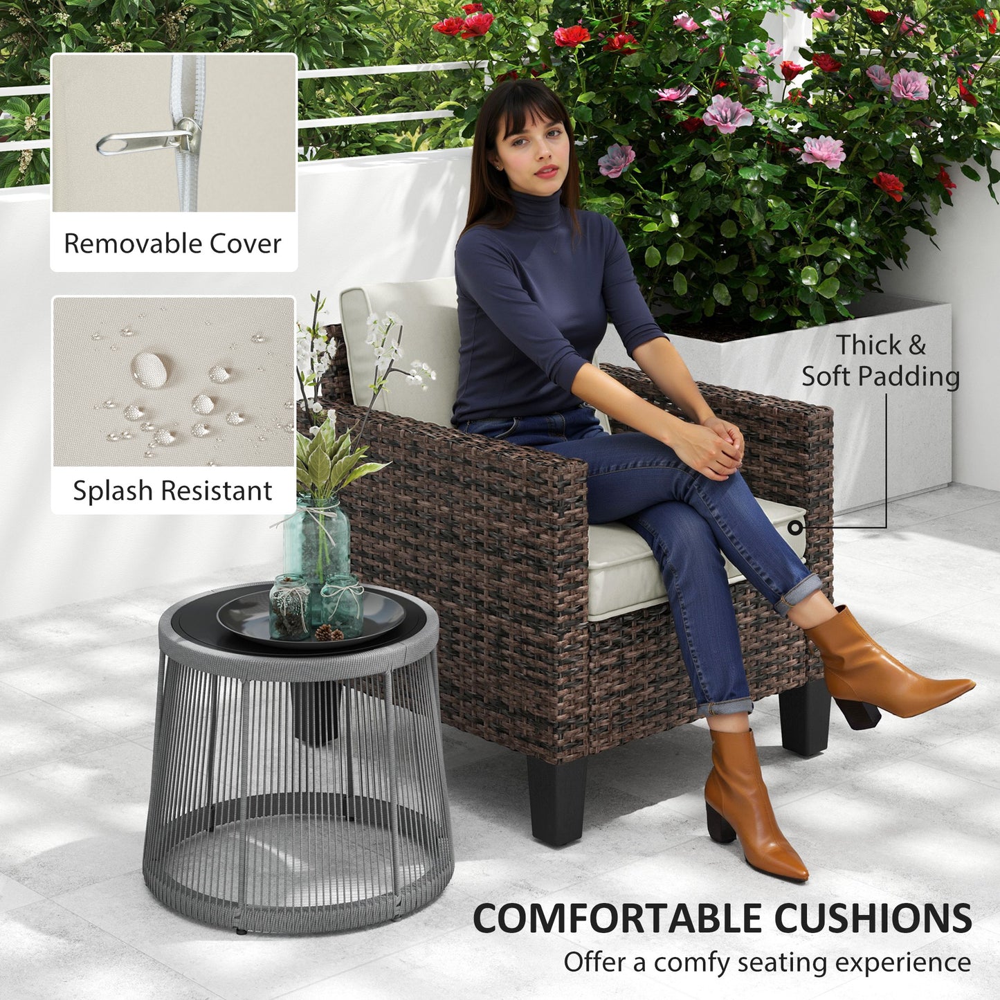 Sune Rattan Brown Single Outdoor Armchair With Cream Cushion