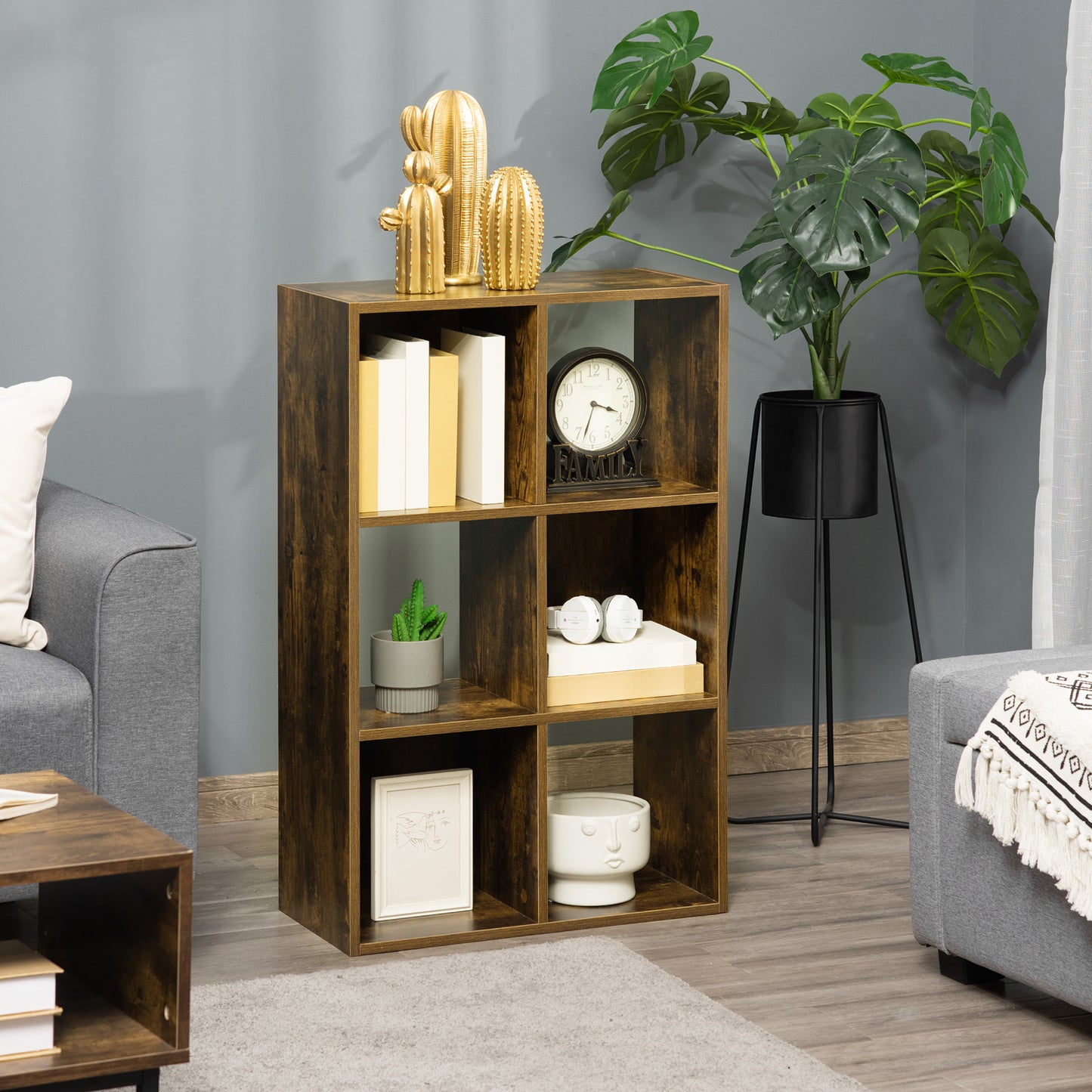 Soke Mara Metal And Wood Rustic Brown Industrial 6 Compartment Freestanding Bookcase
