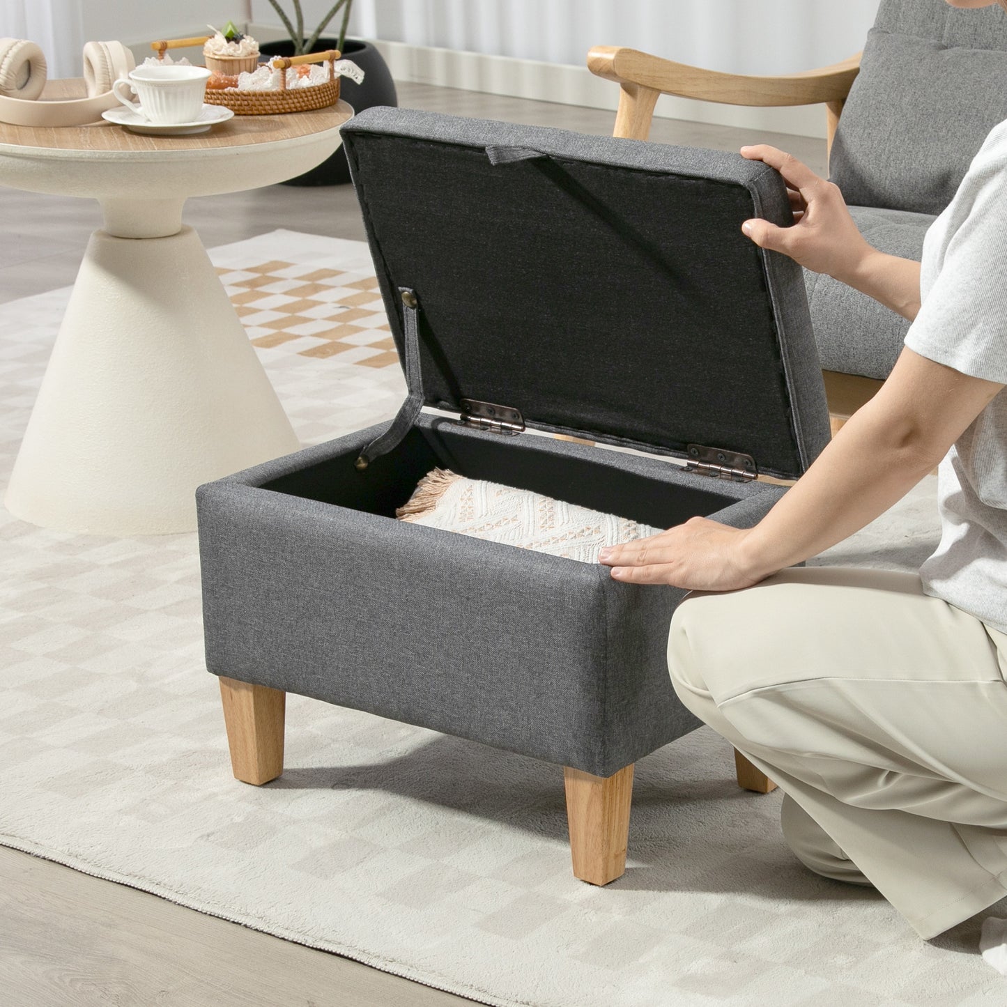 Doma Linen Grey Compact Storage Footstool With Storage Natural Wooden Legs