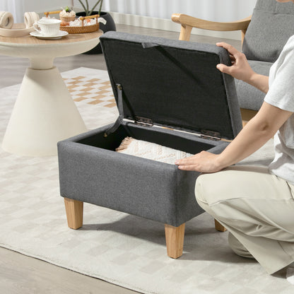 Doma Linen Grey Compact Storage Footstool With Storage Natural Wooden Legs