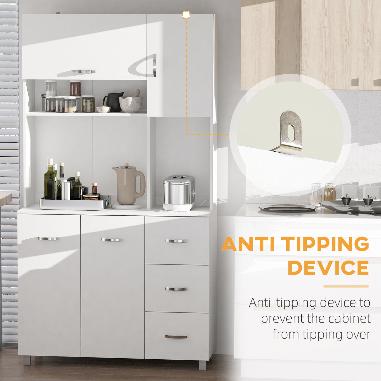 Vivivi Hapa Wooden White Tall Kitchen Sideboard With Drawers Flip Door Cupboards And OFauxn Shelves