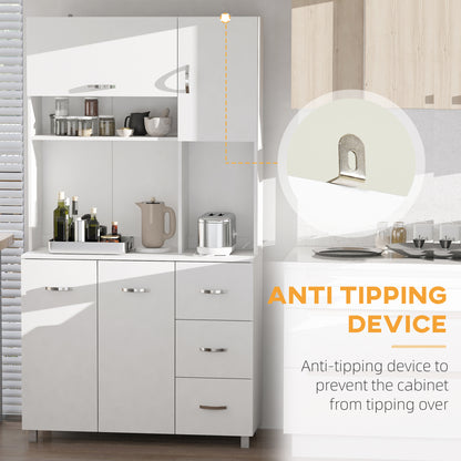 Vivivi Hapa Wooden White Tall Kitchen Sideboard With Drawers Flip Door Cupboards And OFauxn Shelves